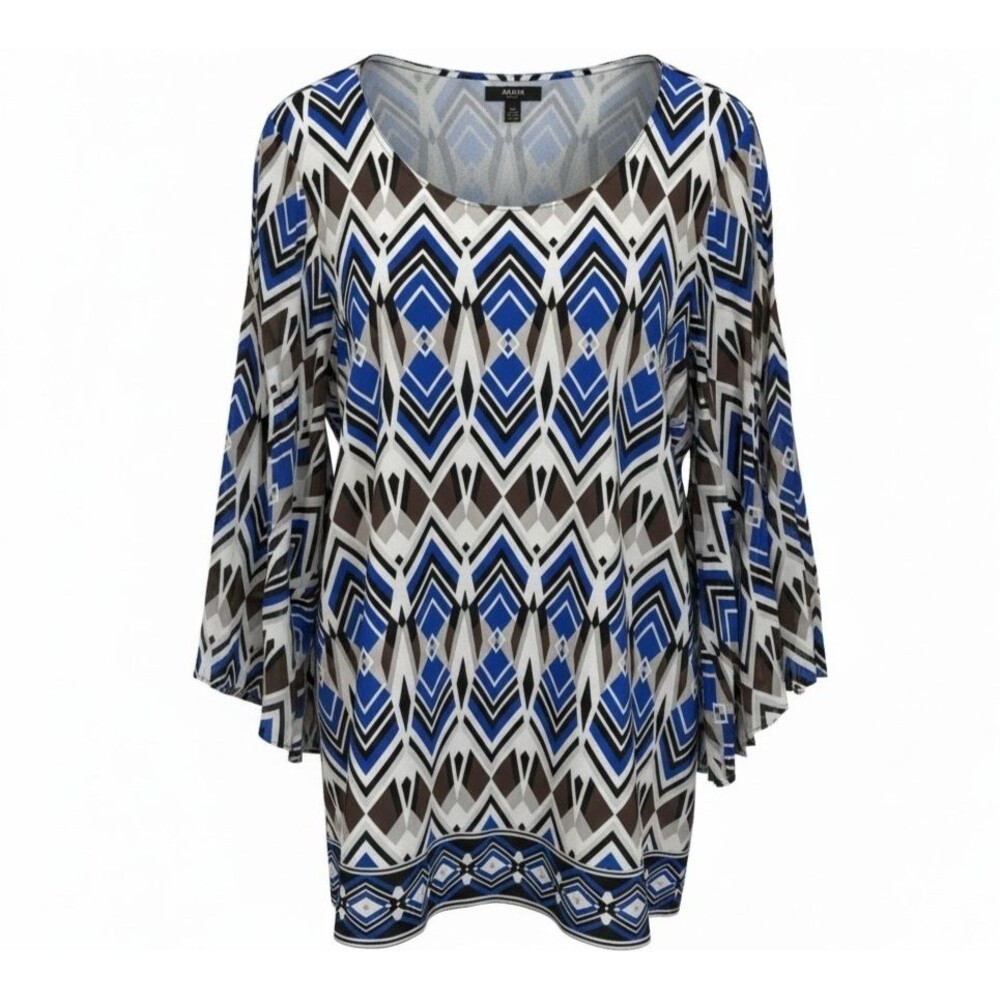 Alfani Woman's Petite Large Flared Sleeve Blue Brown Geometric Pattern Blouse
